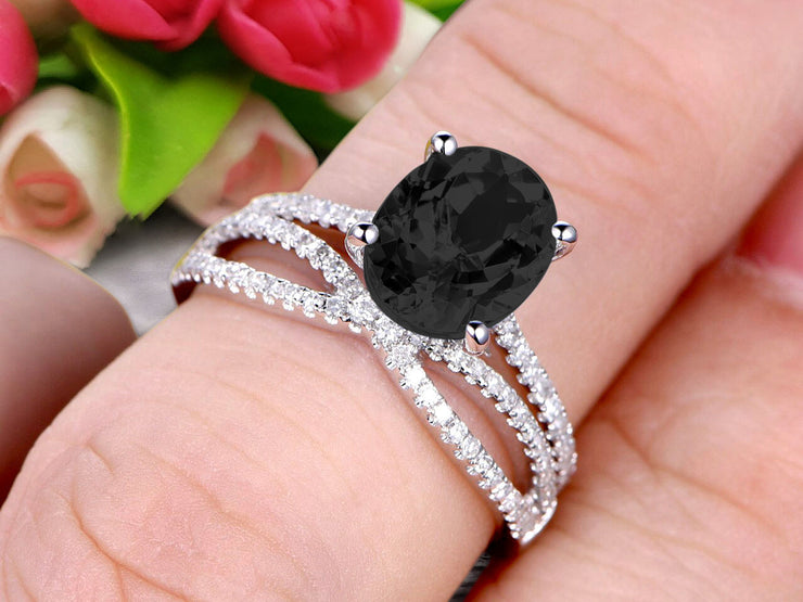 1.5 Carat Oval Shape Black Diamond Moissanite Engagement Ring Bridal Ring 10k White Gold Curved Loop Infinity Matching Band