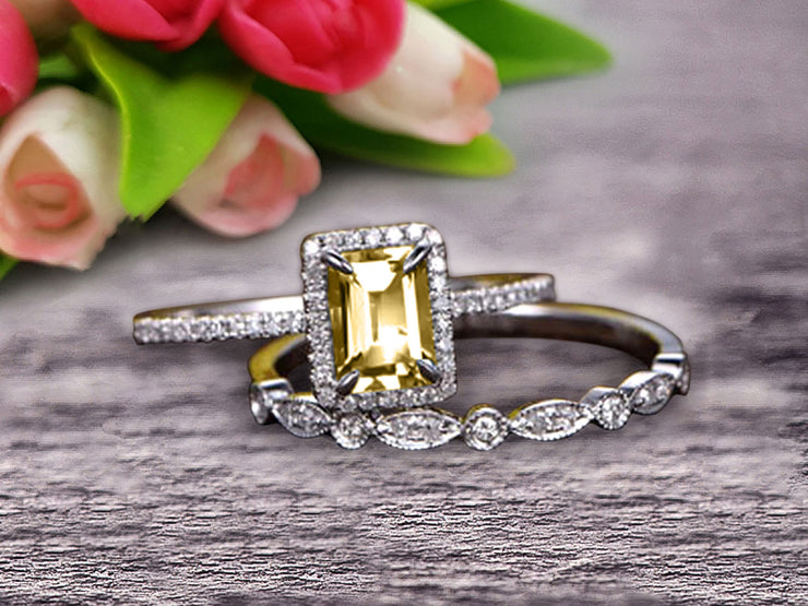 1.75 carat Classic Emerald Cut 10k White Gold, Art Deco Milgrain Bridal Champagne Diamond Moissanite Wedding Diamond Ring Set