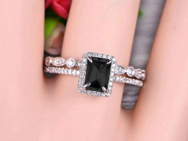 1.75 carat Classic Emerald Cut 10k White Gold, Art Deco Milgrain Bridal Black Diamond Moissanite Wedding Diamond Ring Set