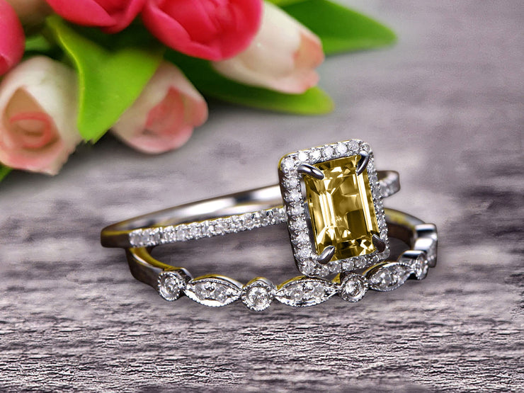 1.75 carat Classic Emerald Cut 10k White Gold, Art Deco Milgrain Bridal Champagne Diamond Moissanite Wedding Diamond Ring Set