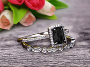 1.75 carat Classic Emerald Cut 10k White Gold, Art Deco Milgrain Bridal Black Diamond Moissanite Wedding Diamond Ring Set