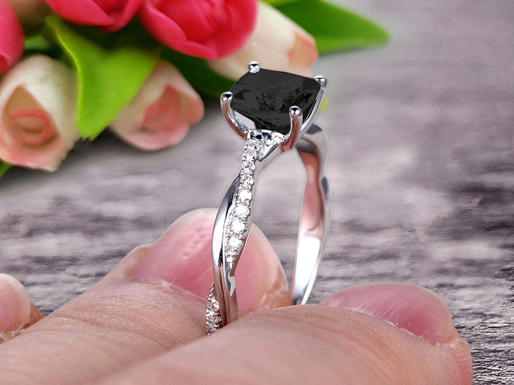 10k White Gold Black Diamond Moissanite Engagement Ring With 1.25 Carat Cushion Cut Vintage Looking Natural Black Diamond Moissanite