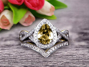  1.75 Carat Pear Shape Teardrop Champagne Diamond Moissanite Bridal Set Diamond Wedding Ring On 10k White Gold