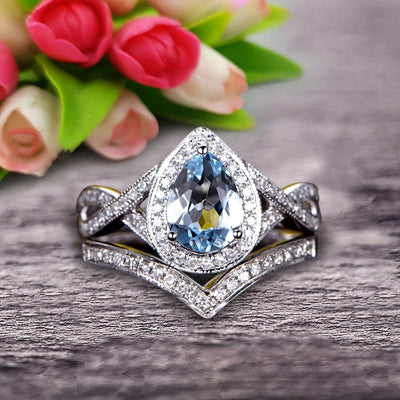  1.75 Carat Pear Shape Teardrop Aquamarine Bridal Set Diamond Wedding Ring On 10k White Gold