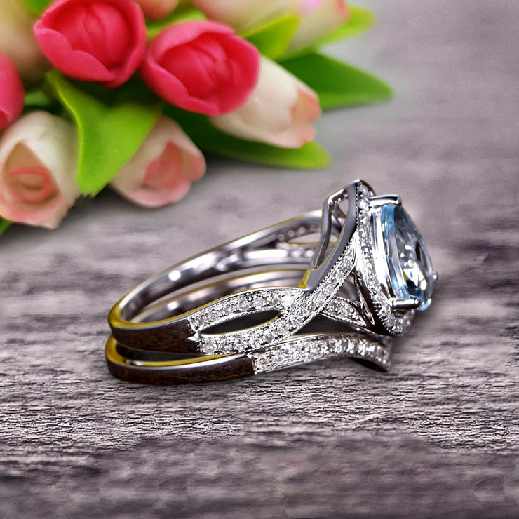  1.75 Carat Pear Shape Teardrop Aquamarine Bridal Set Diamond Wedding Ring On 10k White Gold