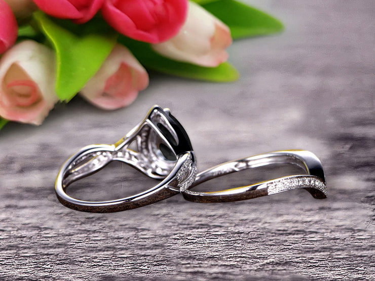  1.75 Carat Pear Shape Teardrop Black Diamond Moissanite Bridal Set Diamond Wedding Ring On 10k White Gold