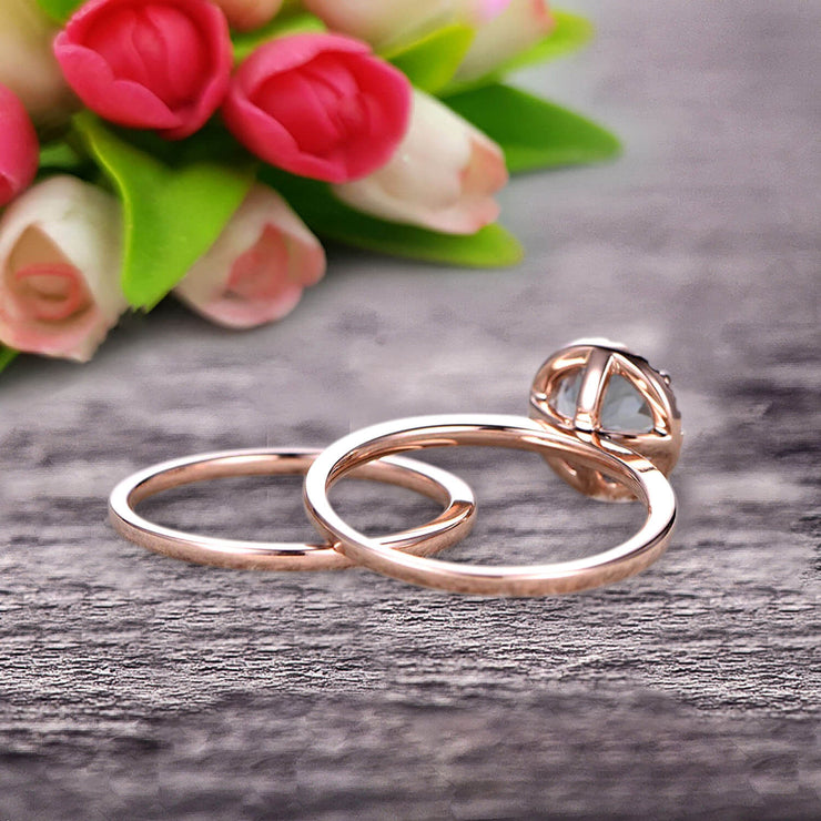 1.25 Carat Round Cut Aquamarine Engagement Ring with Plain Matching Band On 10k Rose Gold 