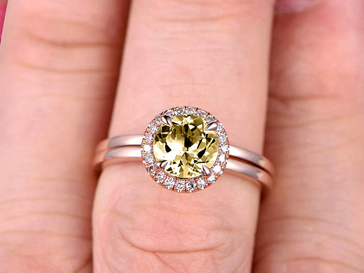 1.25 Carat Round Cut Champagne Diamond Moissanite Engagement Ring with Plain Matching Band On 10k Rose Gold 