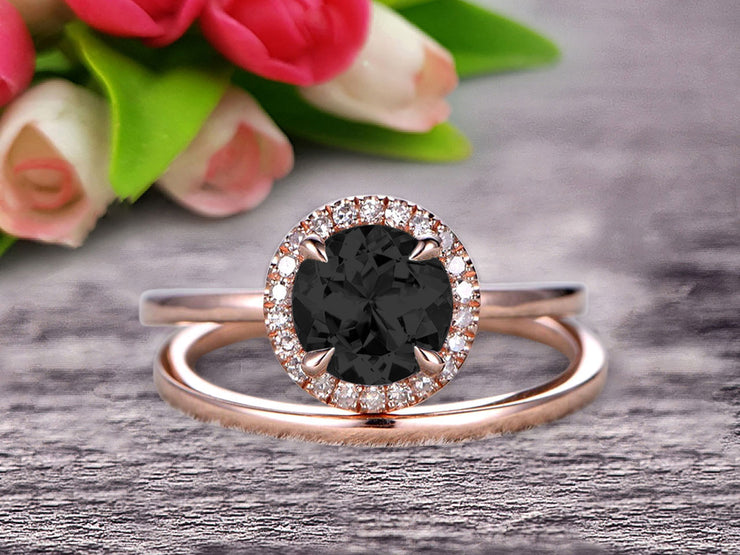1.25 Carat Round Cut Black Diamond Moissanite Engagement Ring with Plain Matching Band On 10k Rose Gold 