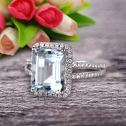 1.50 Carat Emerald Cut Aquamarine Engagement Ring Diamond Wedding Ring on 10k White Gold