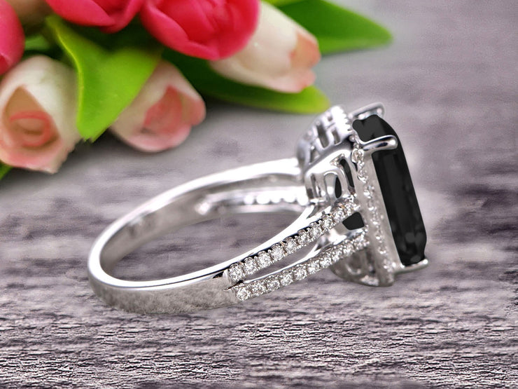 1.50 Carat Emerald Cut Black Diamond Moissanite Engagement Ring Diamond Wedding Ring on 10k White Gold
