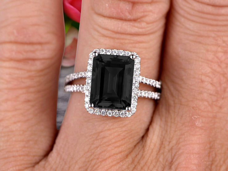 1.50 Carat Emerald Cut Black Diamond Moissanite Engagement Ring Diamond Wedding Ring on 10k White Gold