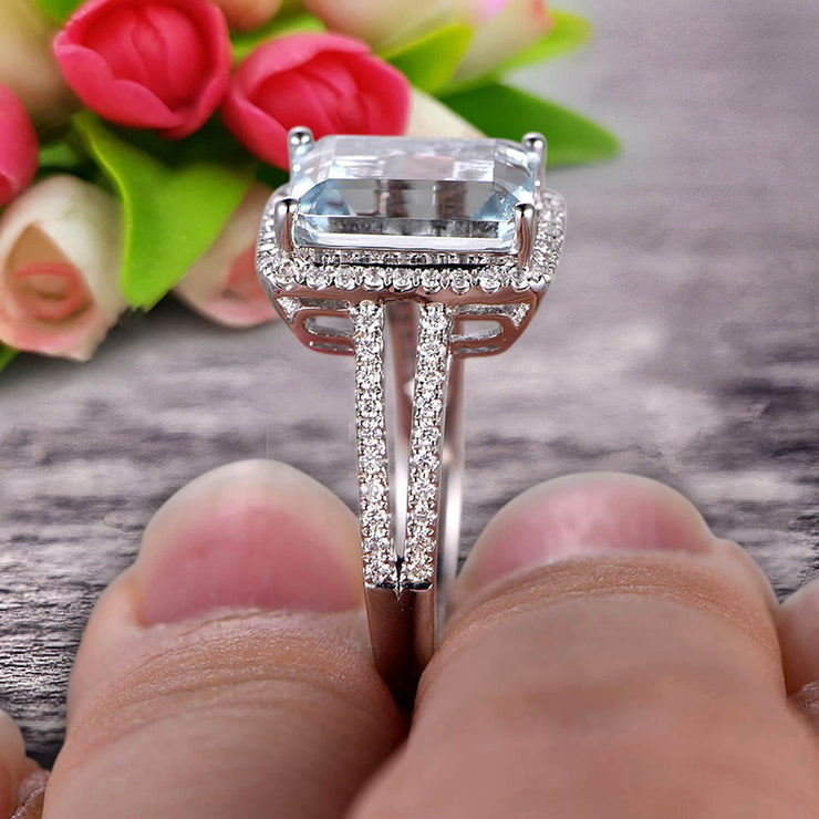 1.50 Carat Emerald Cut Aquamarine Engagement Ring Diamond Wedding Ring on 10k White Gold