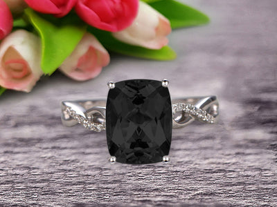 Art Deco 1.25 Carat Cushion Black Diamond Moissanite Engagement Ring on 10k White Gold