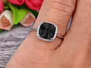 1.25 Carat Cushion Black Diamond Moissanite Engagement Ring on 10k White Gold Halo