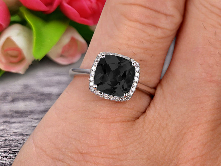 1.25 Carat Cushion Black Diamond Moissanite Engagement Ring on 10k White Gold Halo