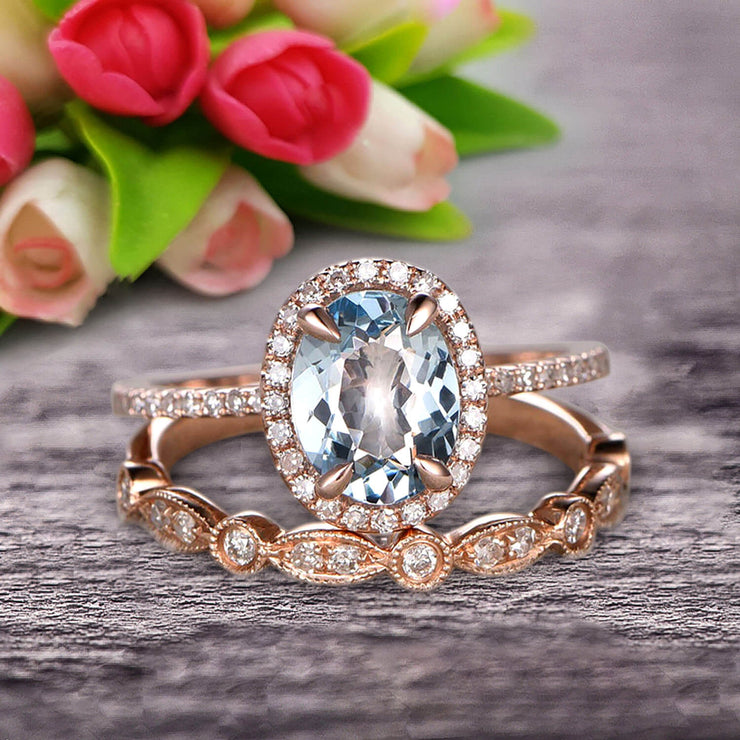 1.75 Carat Round Cut Aquamarine Bridal Ring Set With Matching Wedding Band On 10k Rose Gold Art Deco