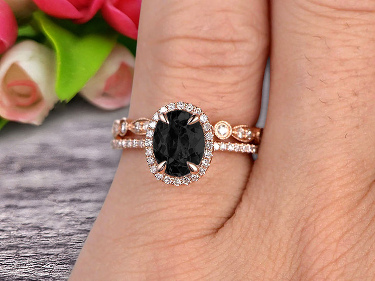 1.75 Carat Round Cut Black Diamond Moissanite Bridal Ring Set With Matching Wedding Band On 10k Rose Gold Art Deco