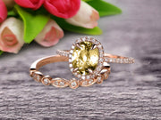 1.75 Carat Round Cut Champagne Diamond Moissanite Bridal Ring Set With Matching Wedding Band On 10k Rose Gold Art Deco