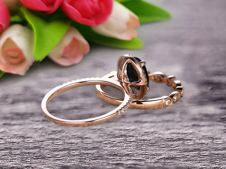 1.75 Carat Round Cut Black Diamond Moissanite Bridal Ring Set With Matching Wedding Band On 10k Rose Gold Art Deco