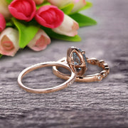 1.75 Carat Round Cut Aquamarine Bridal Ring Set With Matching Wedding Band On 10k Rose Gold Art Deco