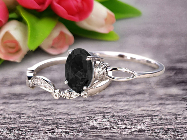 1.50 Carat Oval Cut Black Diamond Moissanite Bridal Ring Set With Curved Loop Stacking Matching Wedding Band On 10k White Gold
