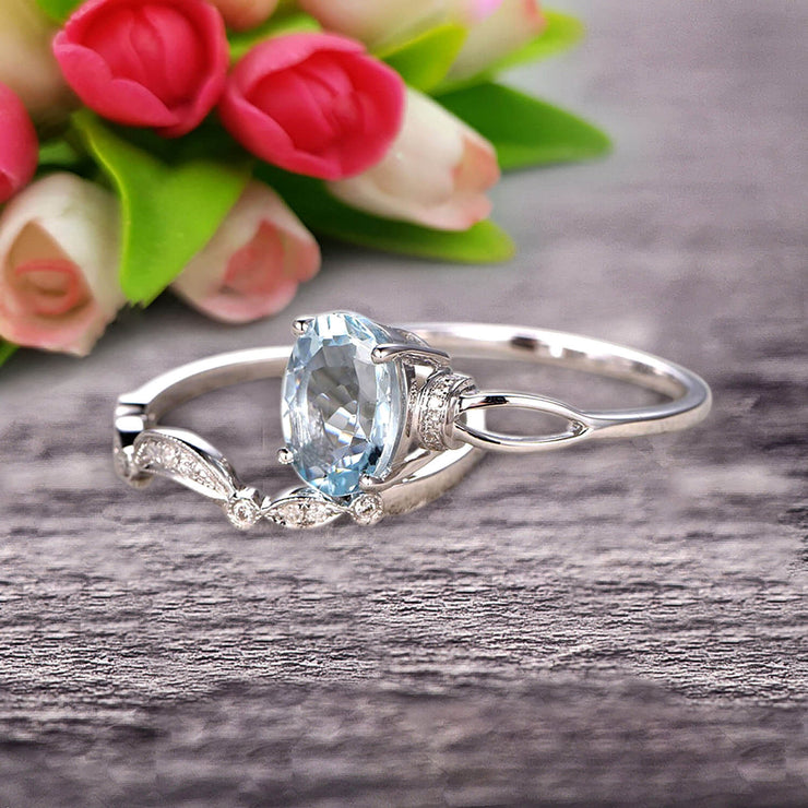 1.50 Carat Oval Cut Aquamarine Bridal Ring Set With Curved Loop Stacking Matching Wedding Band On 10k White Gold