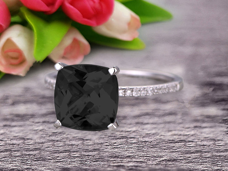 1.25 Carat Cushion Black Diamond Moissanite Engagement Ring on 10k White Gold
