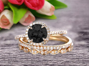 Round Cut 2 Carat Black Diamond Moissanite Trio Ring Set Thin Stacking Matching Wedding Band 10k Yellow Gold Art Deco 