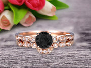1.50 Carat Round Cut Black Diamond Moissanite Bridal Set Engagement Ring With Matching Band 10k Rose Gold Art Deco Vintage Look