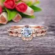 1.50 Carat Round Cut Aquamarine Bridal Set Engagement Ring With Matching Band 10k Rose Gold Art Deco Vintage Look