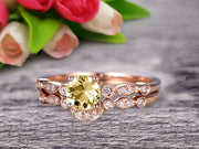 1.50 Carat Round Cut Champagne Diamond Moissanite Bridal Set Engagement Ring With Matching Band 10k Rose Gold Art Deco Vintage Look
