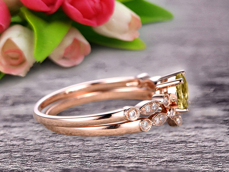 1.50 Carat Round Cut Champagne Diamond Moissanite Bridal Set Engagement Ring With Matching Band 10k Rose Gold Art Deco Vintage Look