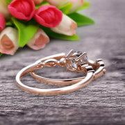 1.50 Carat Round Cut Aquamarine Bridal Set Engagement Ring With Matching Band 10k Rose Gold Art Deco Vintage Look