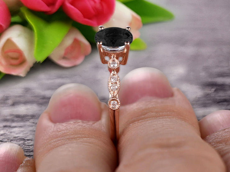 1.25 Carat Round Cut Black Diamond Moissanite Engagement Ring On 10k Rose Gold Art Deco Antique