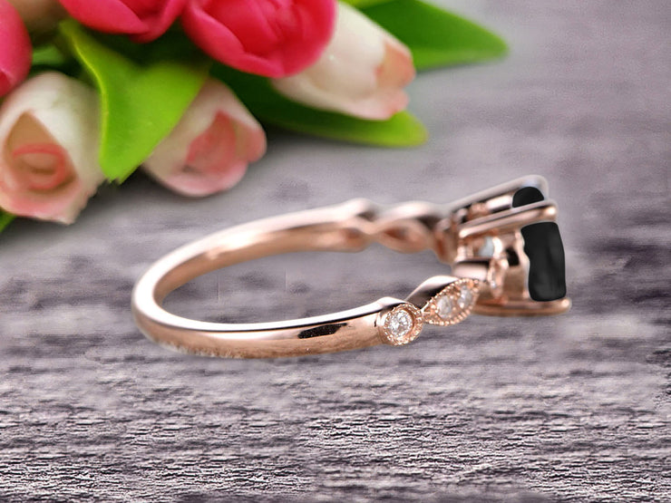 1.25 Carat Round Cut Black Diamond Moissanite Engagement Ring On 10k Rose Gold Art Deco Antique