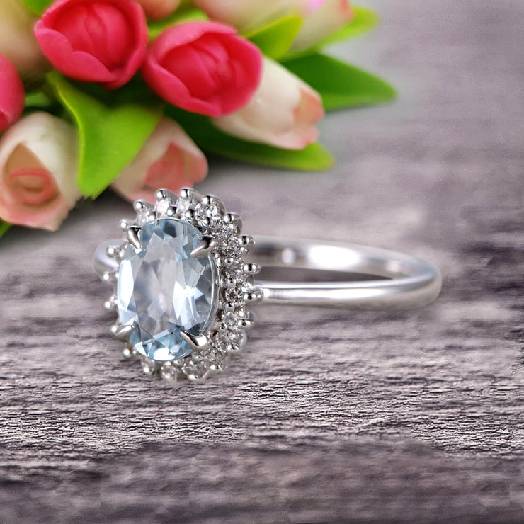 1.25 Carat Oval Cut Aquamarine Engagement Ring With 10k White Gold Halo Flower Prong Set