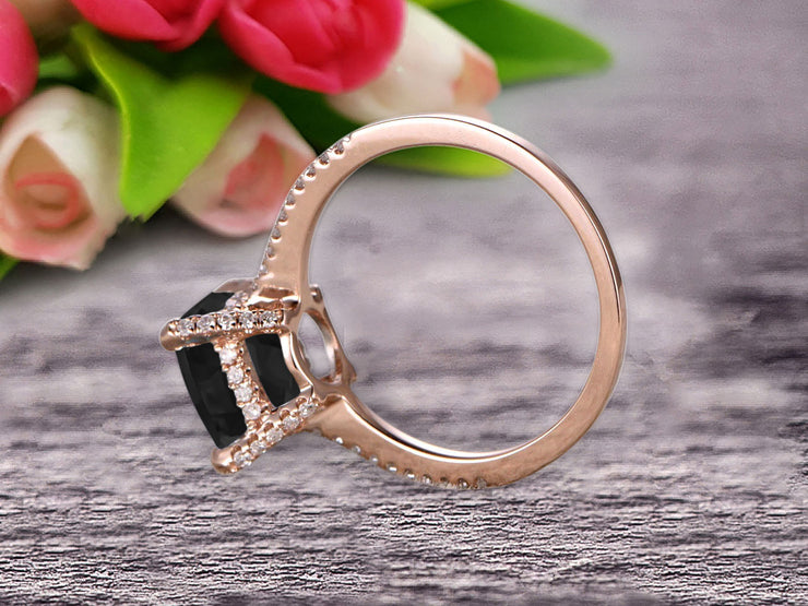 Cushion Cut 1.50 Carat Black Diamond Moissanite Engagement Ring Anniversary Gift 10k Rose Gold Curved Basket Under