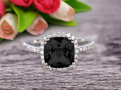 Cushion Cut 1.50 Carat Black Diamond Moissanite Engagement Ring Anniversary Gift 10k Rose Gold Halo Design