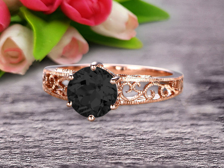Round Cut 1.50 Carat Black Diamond Moissanite Engagement Ring Anniversary Gift 10k Rose Gold Art Deco