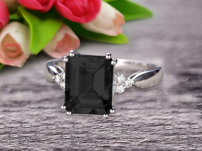 Emerald Cut 1.25 Carat Black Diamond Moissanite Engagement Ring Anniversary Gift On 10k White Gold