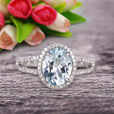 1.50 Carat Oval Shape Blue Gemstone With Split Shank Halo Design Aquamarine Engagement Ring Wedding Ring Anniversary Gift On 10k White Gold