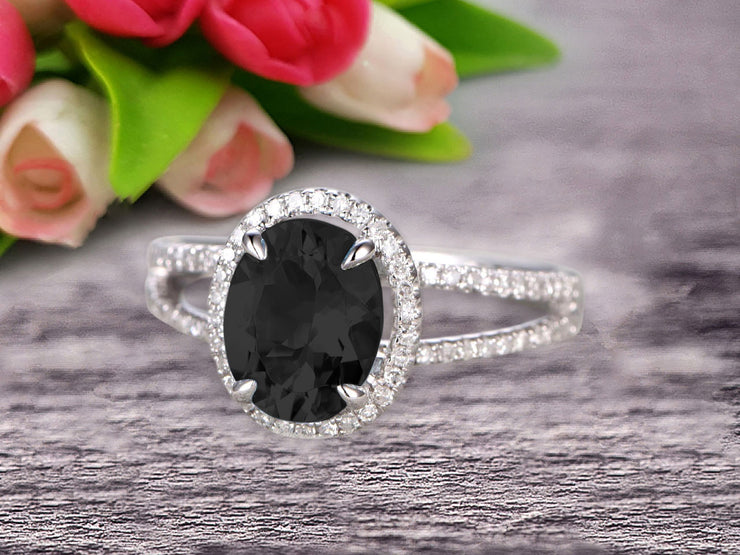 1.50 Carat Oval Shape Blue Gemstone With Split Shank Halo Design Black Diamond Moissanite Engagement Ring Wedding Ring Anniversary Gift On 10k White Gold