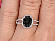 1.50 Carat Oval Shape Blue Gemstone With Split Shank Halo Design Black Diamond Moissanite Engagement Ring Wedding Ring Anniversary Gift On 10k White Gold