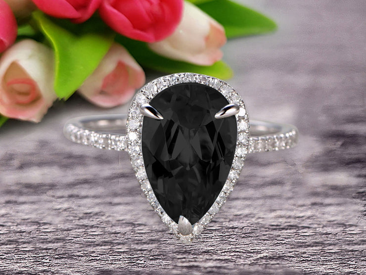 Pear Shape Halo Design 1.50 Carat Black Diamond Moissanite Engagement Ring Anniversary Gift On 10k White Gold Art Deco