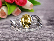 1.50 Carat Oval Cut Champagne Diamond Moissanite Bridal Ring Set Diamond Wedding Band On 10k White Gold Flower Art Deco Stacking Matching