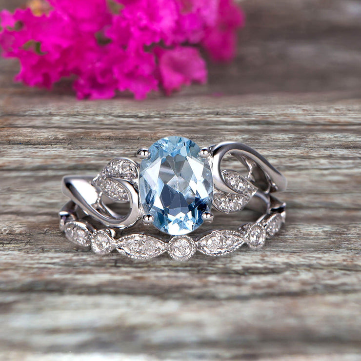 1.50 Carat Oval Cut Aquamarine Bridal Ring Set Diamond Wedding Band On 10k White Gold Flower Art Deco Stacking Matching