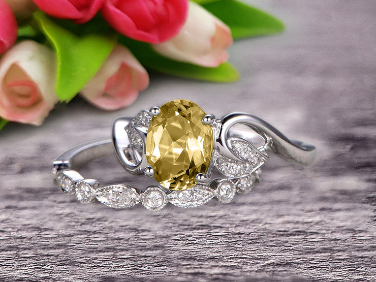 1.50 Carat Oval Cut Champagne Diamond Moissanite Bridal Ring Set Diamond Wedding Band On 10k White Gold Flower Art Deco Stacking Matching