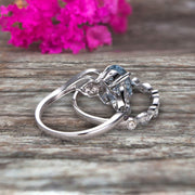 1.50 Carat Oval Cut Aquamarine Bridal Ring Set Diamond Wedding Band On 10k White Gold Flower Art Deco Stacking Matching