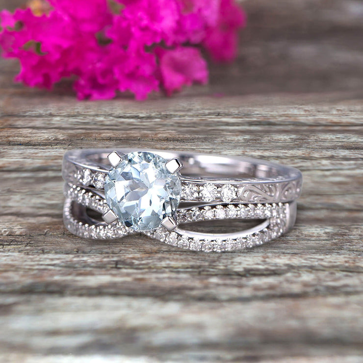 Round Cut 1.50 Carat Aquamarine Bridal Ring Set Anniversary Gift On 10k White Gold Curved Stacking Matching Wedding Band Art Deco